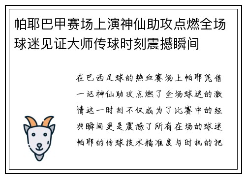 帕耶巴甲赛场上演神仙助攻点燃全场球迷见证大师传球时刻震撼瞬间 帕耶巴甲赛场上演神仙助攻点燃全场球迷见证大师传球时刻震撼瞬间